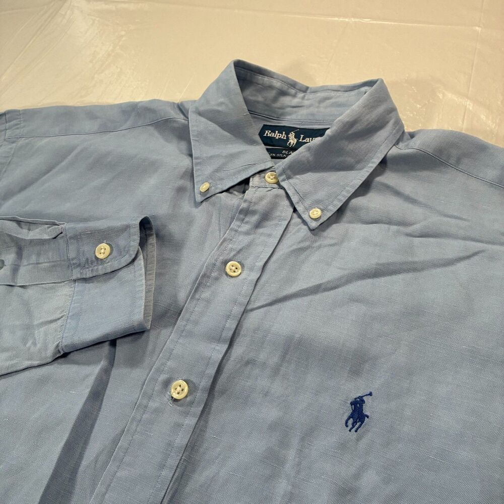 VTG Polo Ralph Lauren Blake Long Sleeve Button Up Silk Linen Shirt Blue Medium